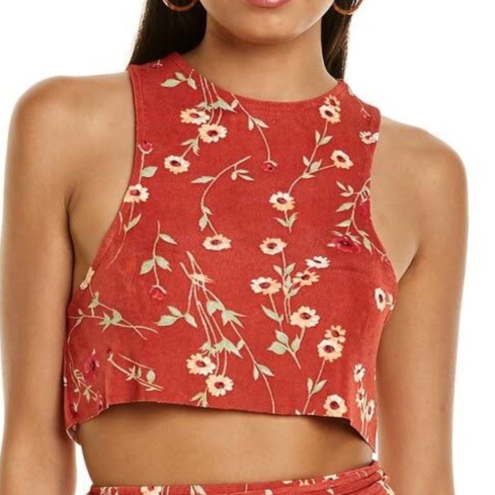 DANIELLE BERNSTEIN Small NWT Cropped Tank Roses Daisies Redwood Multi Stretch